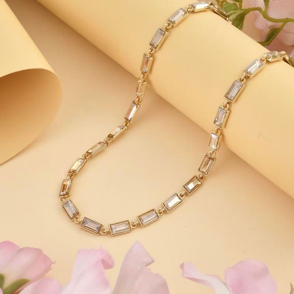 Champagne Color Glass Tennis Gold Necklace (20-22 Inches)